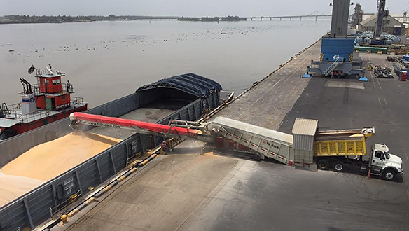 Truck Unloader loading grain to barge